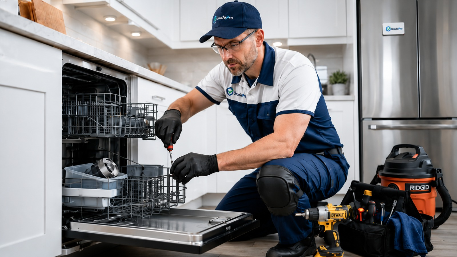 Appliance repair technician fixing a dishwasher
