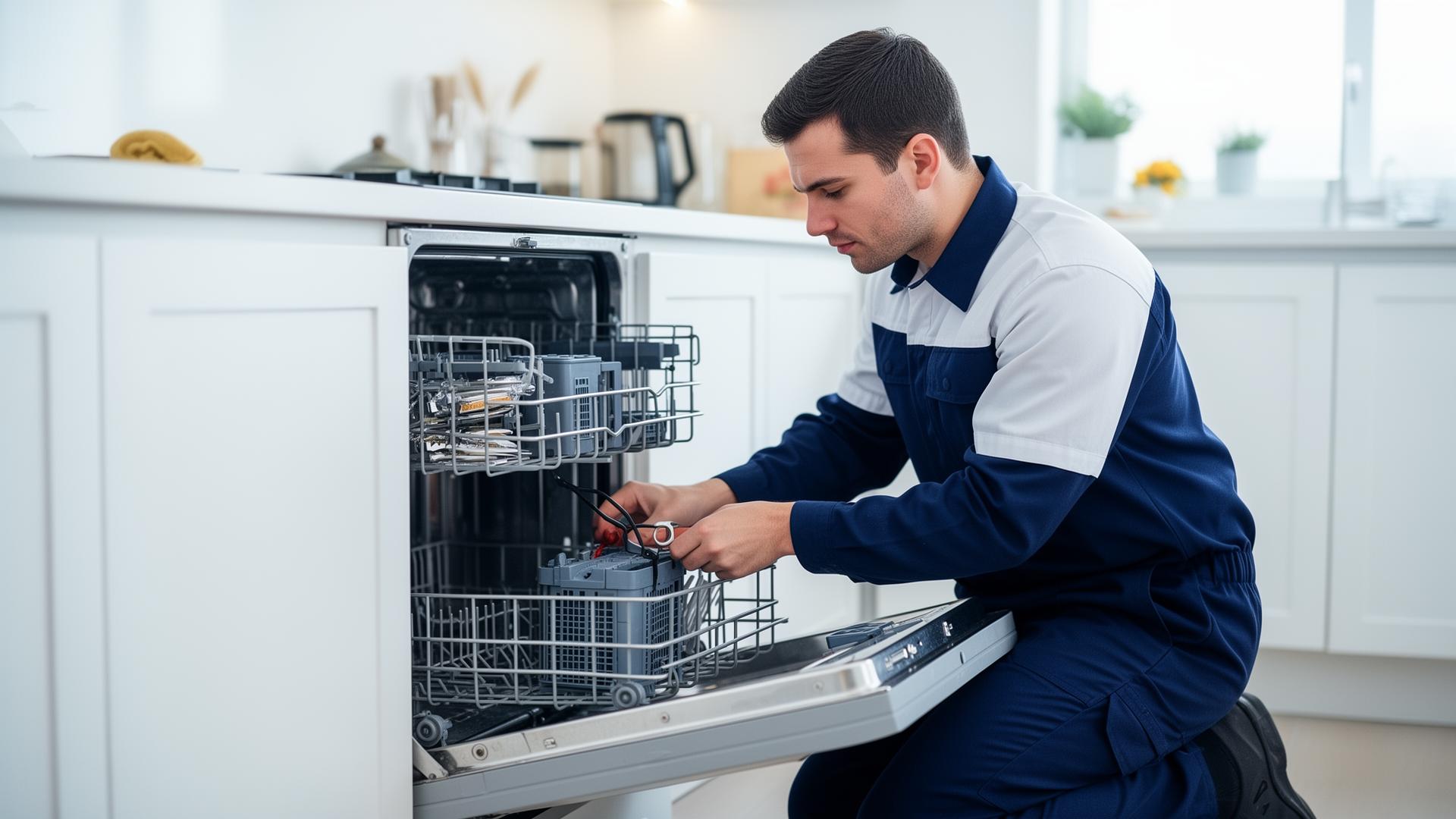 Appliance repair technician fixing a dishwasher